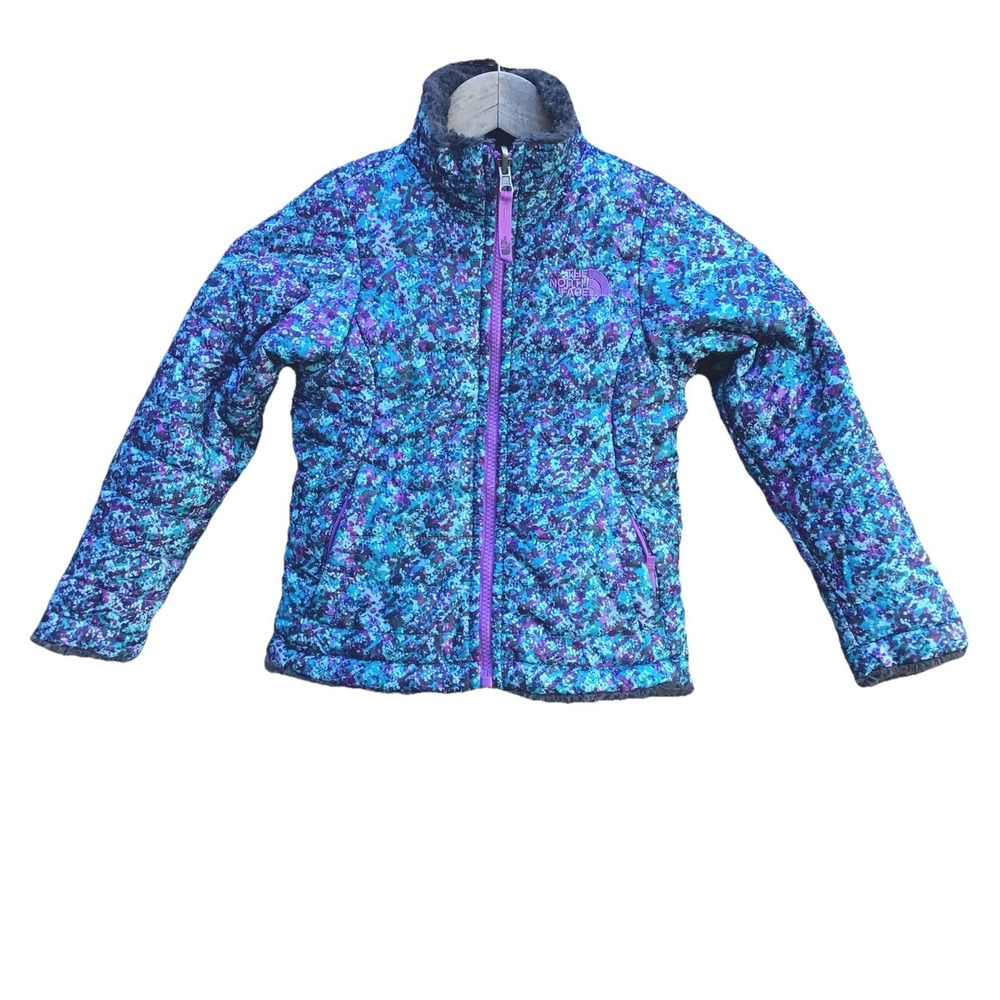 The North Face Girls Reversible Furry Fleece Puffer Jacket XXS Blue Purple Print